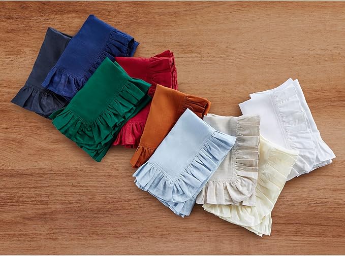 Solino Home Linen Ruffle Cloth Napkins Set of 4-100% Pure Linen Oil Green Dinner Napkins 20 x 20 Inch - Gabrielle Ruffle, Handcrafted and Machine Washable - Christmas, New Year