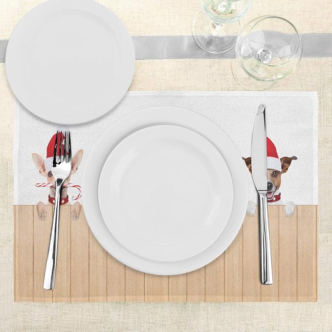 Ambesonne Christmas Place Mats Set of 4, Group of Santa Claus Dogs Over Wooden Fences Humor Animals Noel Puppies Pet Graphic, Washable Fabric Placemats for Dining Table, Standard Size, Tan Red