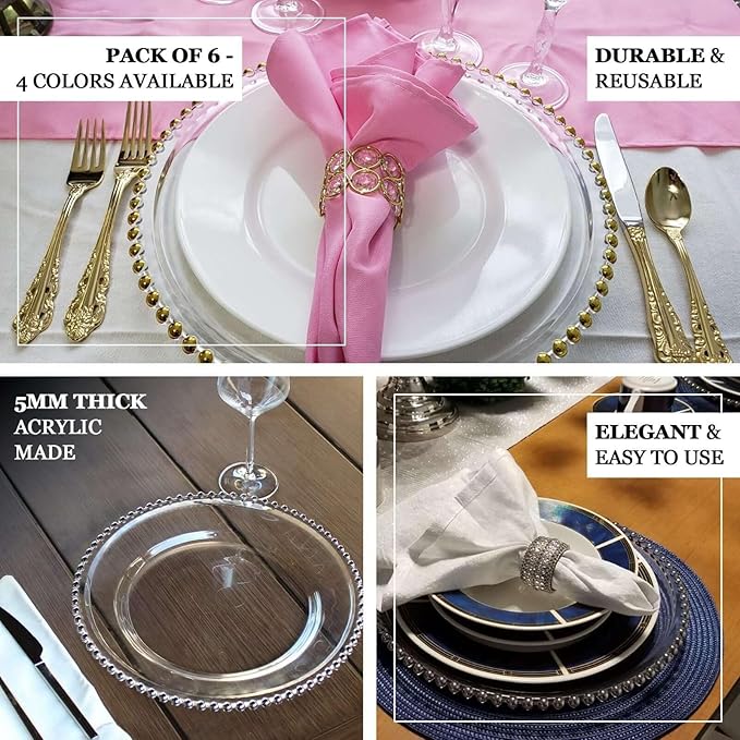 13" Charger Plates - Set of 12 - Gold Round Acrylic Disposable Chargers with Beaded Rim, Ideal for Dinner Party Wedding Bulk Events