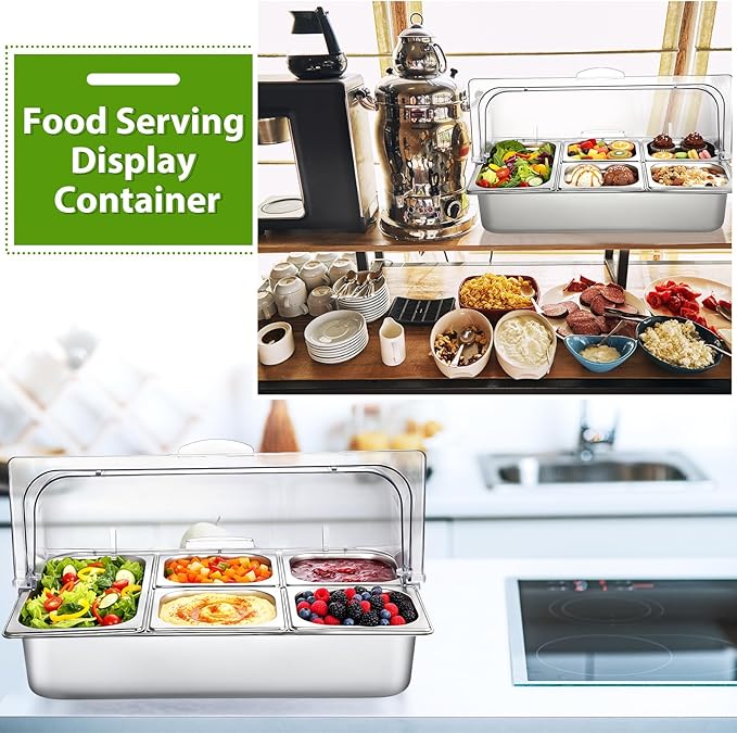 Countertop Food Serving Display Container and Clear Roll Top Cover Stainless Steel Food Serving Tray Buffet Condiment Dispenser Display Rack for Restaurant Hotel Kitchen Party (21 x 13 x 11)