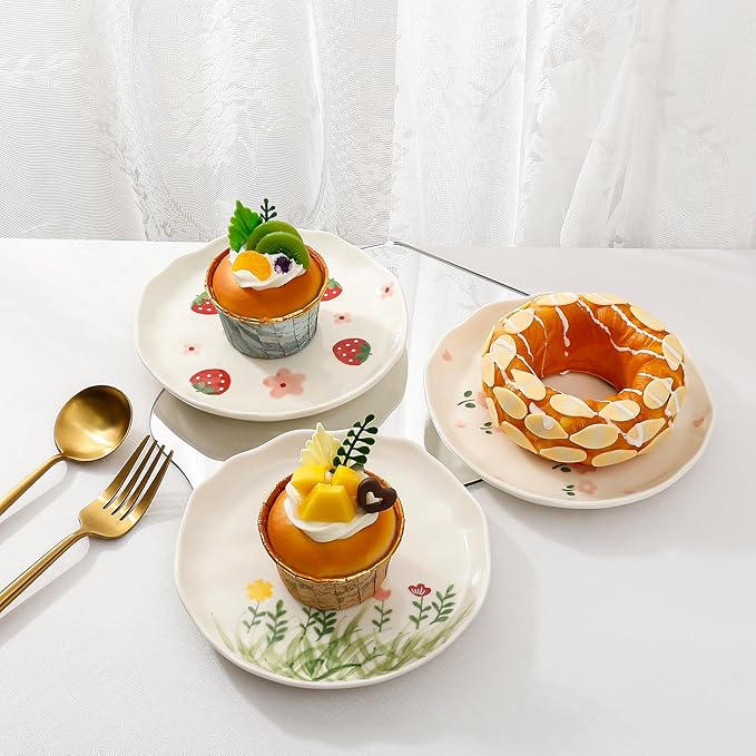 Koythin Ceramic Dessert Plates, Cute Fruits Dinner Plate, Printed Flowers Dinnerware for Office and Home, Kitchen Plates for Desserts (Double Flowers Blossoming)