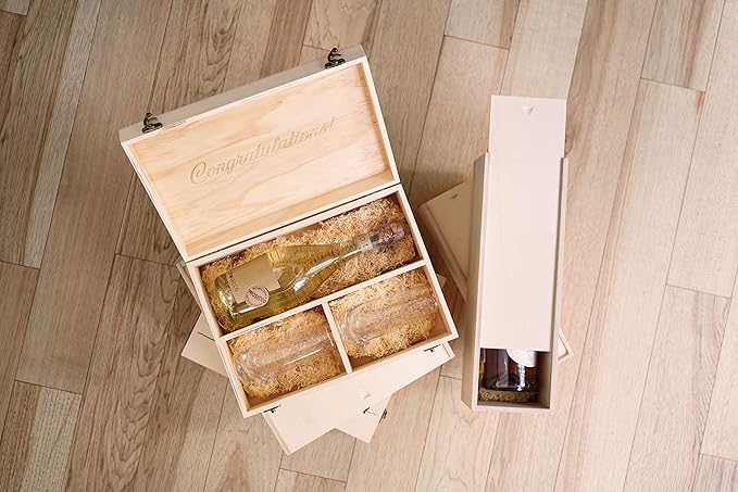 Twine Single Wooden Wine Gift Box with Sliding Lid, Champagne Gift Box, Perfect for Housewarming, Weddings, and Special Celebrations, Holds 1 Bottle, Wine Accessories, Paulownia Wood Storage Boxes