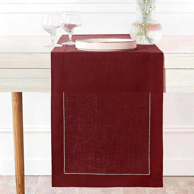 D'Moksha Homes Linen Dark Red Table Runner 84 Inches Long - 100% Pure Linen Table Runner 14 x 84 Inch for Winter, Christmas, Holiday, New Year - Classic Hemstitch