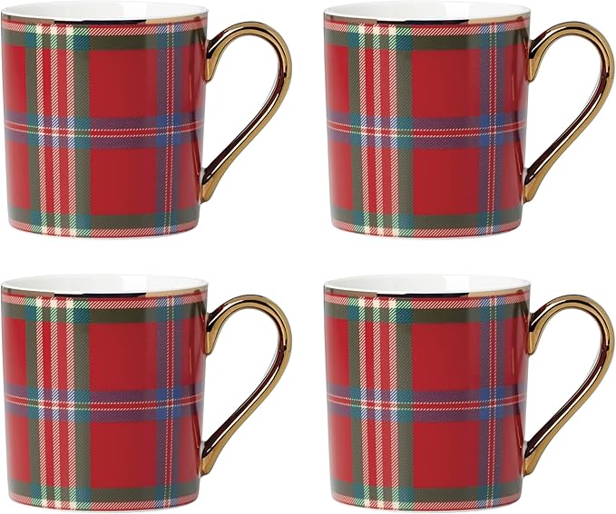 Lenox 896685 Holiday Red Tartan Mugs, Set of 4, Christmas Dinnerware, Hosting, Service For 4, 3.5 x 3.25-Inch Diameter, 11 Fl Oz