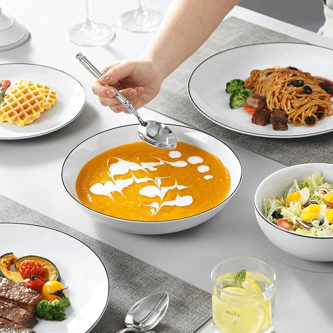 24-Piece Black-Rimmed Ceramic dinnerware Set, White Porcelain Plates, Including 4 Dinner Plates/Dessert Plates/Soup Plates/Bowls, Black Rimmed - 24-Piece Set,Black Rim-24 Piece