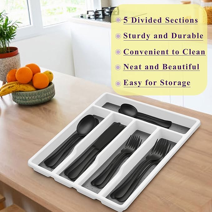 Herogo 20-Piece Matte Black Silverware Set with Drawer Organizer, Stainless Steel Flatware Cutlery Set for 4, Modern Tableware Eating Utensils with Tray, Dishwasher Safe, Satin Finish