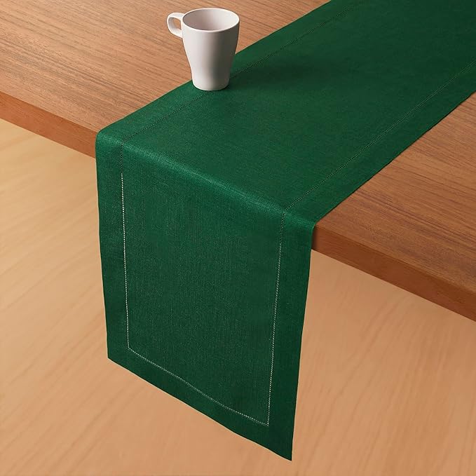 D'Moksha Homes Linen Forest Green Table Runner 84 Inches Long - 100% Pure Linen Table Runner 14 x 84 Inch for Winter, Christmas, Holiday, New Year - Classic Hemstitch