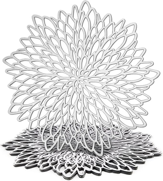 Juvale 10 Pack Silver Metallic Vinyl Placemats - 14.4" x 14.4" Round Table Mats and Chargers with Leaf Design for Elegant Table Decor and Protection - Stylish Charger Plates for Weddings and Parties