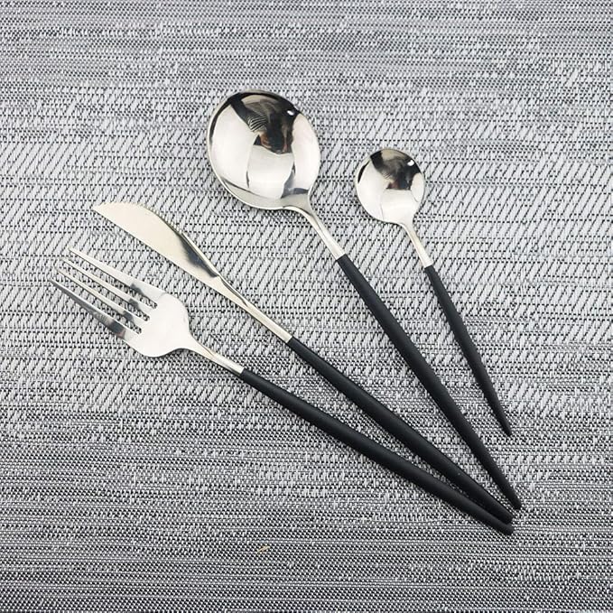 JASHII 24 Piece Titanium Black Plated Stainless Steel Flatware Set,Black Handle With Silver Mouth Flatware Set, Black With Silver Cutlery Set Service for 6 (Black Handle, Shiny Silver)