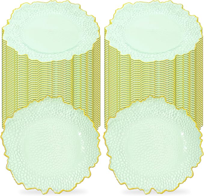 100 Pcs Clear Charger Plates 13 Inch Hammered Green Plastic Charger Plates with Gold Rim, Transparent Green Chargers for Dinner Plate, Stone Texture Plate Round Chargers for Wedding Party, Event