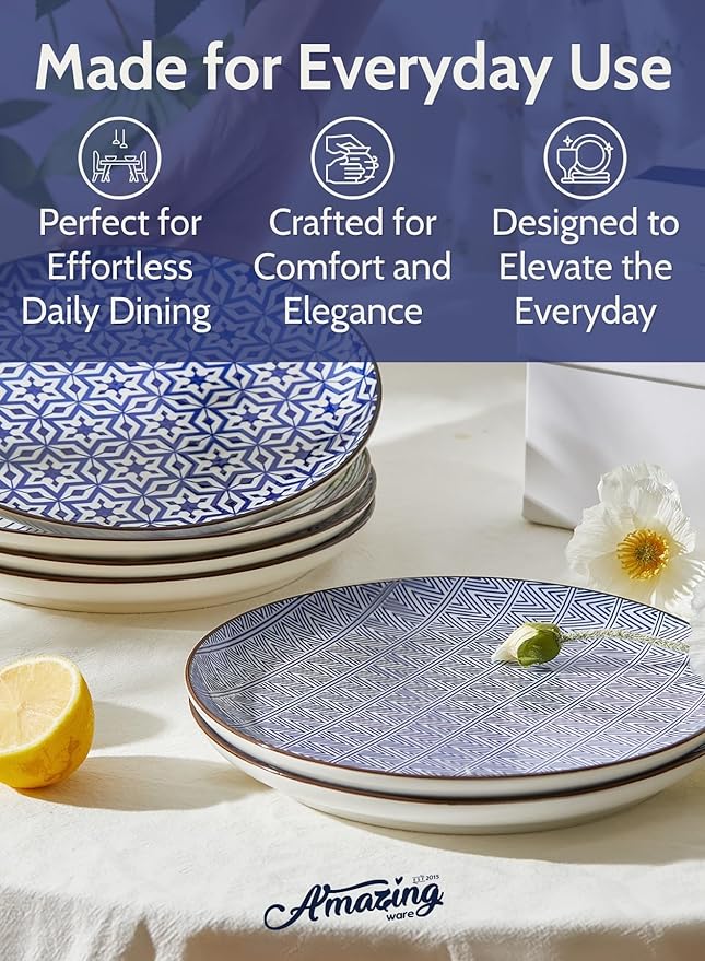 Amazingware Porcelain Dessert Plates Appetizer Plates, Salad Plates, Small Plates - Dishwasher, Microwave, Oven Safe (Vintage Blue, 8 Inch)
