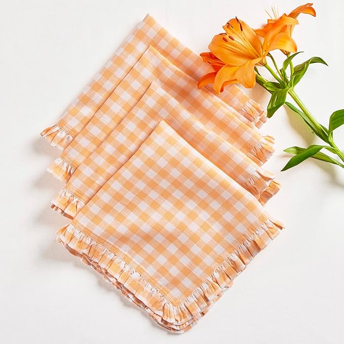 Solino Home Linen Gingham Check Dinner Napkins 20 x 20 Inch - 100% Pure Linen Sunny Orange Plaid Cloth Napkins Set of 4 - Gingham Ruffle, Handcrafted and Machine Washable