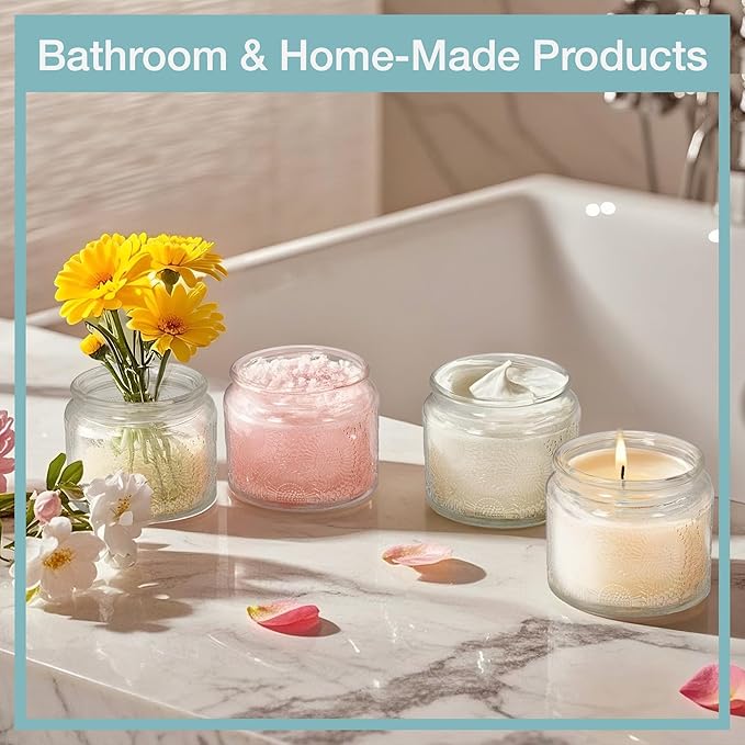 4 oz Mini Glass Jars with Airtight Bamboo Lids 12 pack, Decorative Small Food Storage Canister, Vintage Embossed Home Décor Candle Parties Wedding Baby Shower Favors Gift