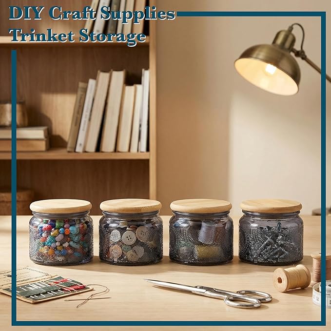 4 oz Grey Mini Glass Jars with Airtight Bamboo Lids 6 pack, Decorative Small Food Storage Canister, Vintage Embossed Home Décor Candle Parties Wedding Baby Shower Favors Gift