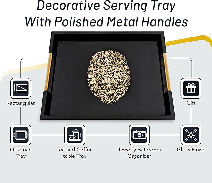Modern Serving Tray with Lion Design, Ottoman Tray, Tea and Coffee Table Platter, Jewelry Bathroom Organizer, Gift, Gloss Finish