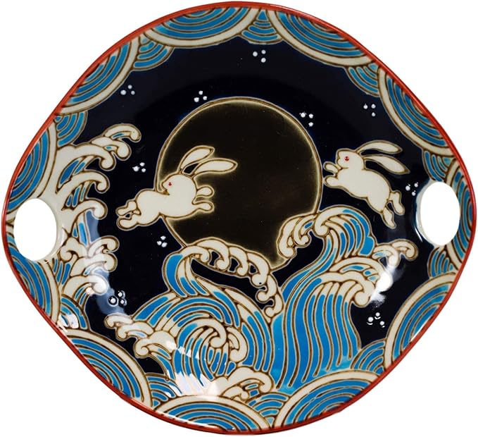 Ebros White Rabbits Jumping Over Black Moon Appetizer Snack Serving Coupe Plate Dish With Chopsticks And Built In Rest Set Small Flat Bowl For Hors D'oeuvres Sushi Ice Cream Serveware Plates (2)