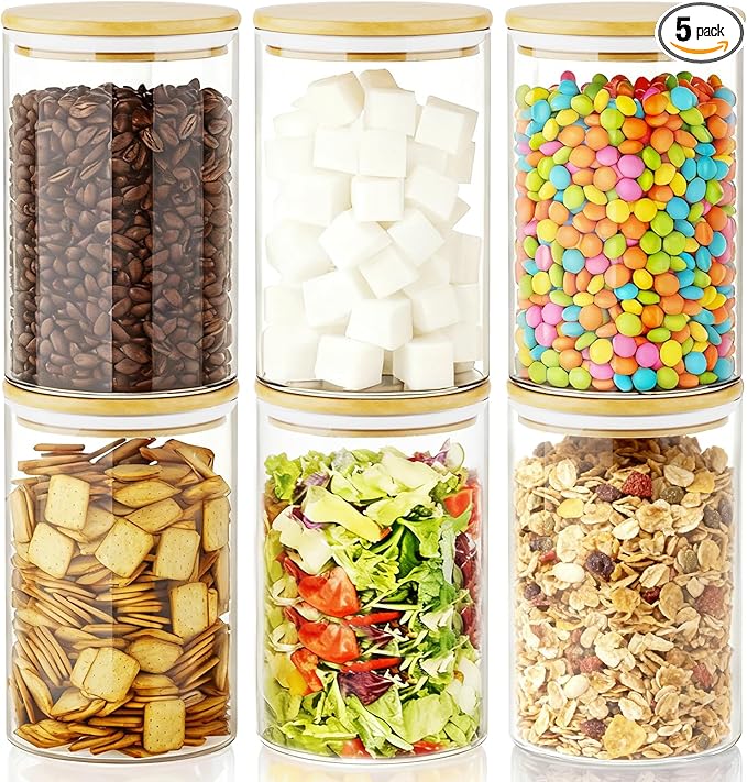 Sugar Jar Glass Salt Container,32 Ounces Clear Airtight Caning with Bamboo Lid, Storage Overnight Oats, Salts, Coffee Bean, Spice, Creamer, Food Organizer, Pack of 6