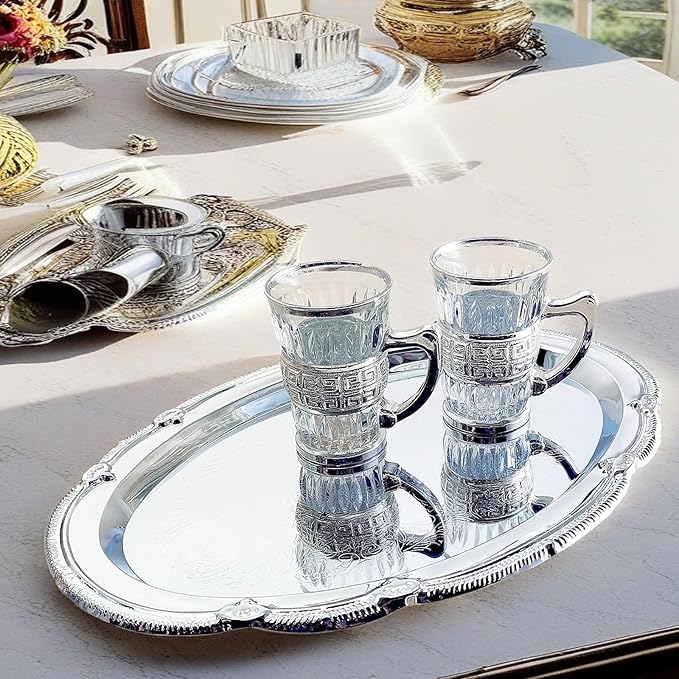 (Pack of 4) 9.4-Inch x 6.4-Inch Oval Shape Chrome Plated Serving Tray Plate Food Art Deco Floral Pattern Engraved Multi-Purpose Party Buffet Wedding Birthday (Small) T125S-4PK