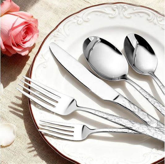 40-Piece Hammered Silverware Set for 8, Stainless Steel Cutlery with Unique Lava Texture, Nickel Free Spoons & Forks Set, Dishwasher Safe Flatware, Elegant Design for New Home Gifts