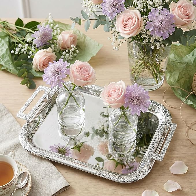 4 Pcs Silver Serving Tray with Handles Elegant Victoria Floral Engraved Metal Platters Large Decorative Trays for Buffet,Wedding Party, Jewelry Display, Service (Modern,Sliver)