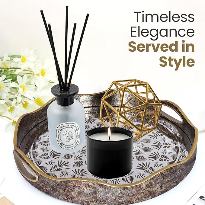 Round Serving Tray with with Handles Antique Look & Stylish Design Decorative Trays for Kitchen Round Ottoman Tray for Dinning Living Room & Home Decor Pack of 2 (Black-Gold)