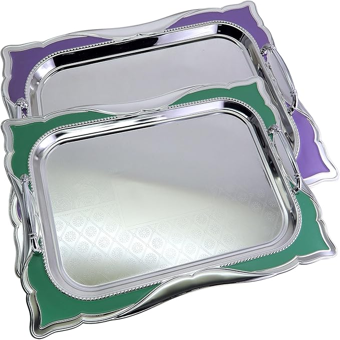 (Pack of 2) 20.1 inch x 15.4 inch Floral Shape Antique Decorative Style Chrome Plated Silver Serving Tray with Handles Green Purple Engraved Edge Buffet Wine Platter Plate Dish TTL-026