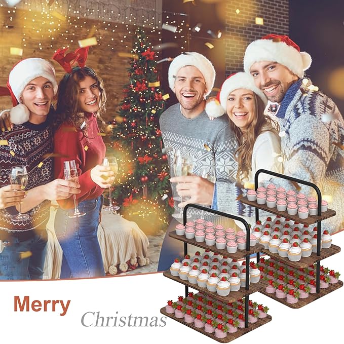 Cupcake Stand, 3-Tier Dessert Stand for 52 Cupcakes, Wood & Metal Tower Display Premium Holder Dessert Tree Tower for Christmas Birthday Weddings Party Decor, Serving Tray, Wood Brown, 2-pack