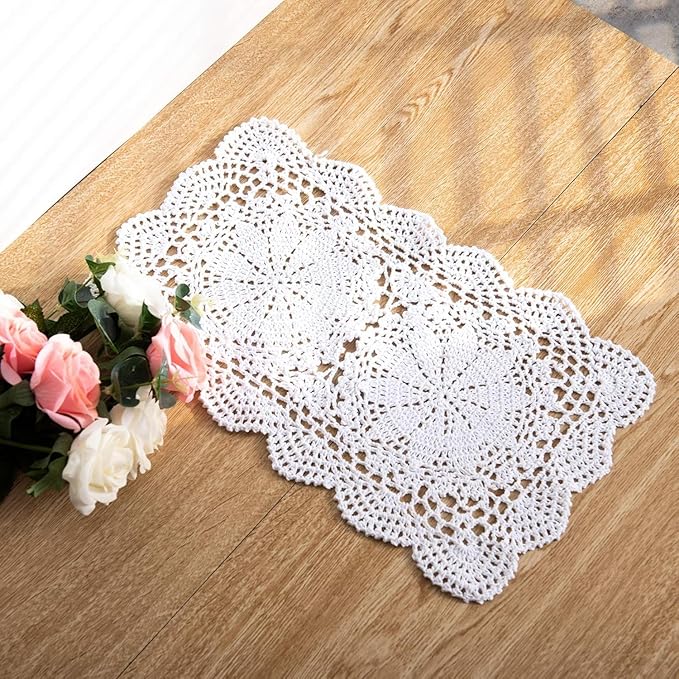 Handmade Rectangle Doilies, 2-Piece Handmade Crochet Cotton Doilies Lace Table Crochet Placemats Coaster (White)