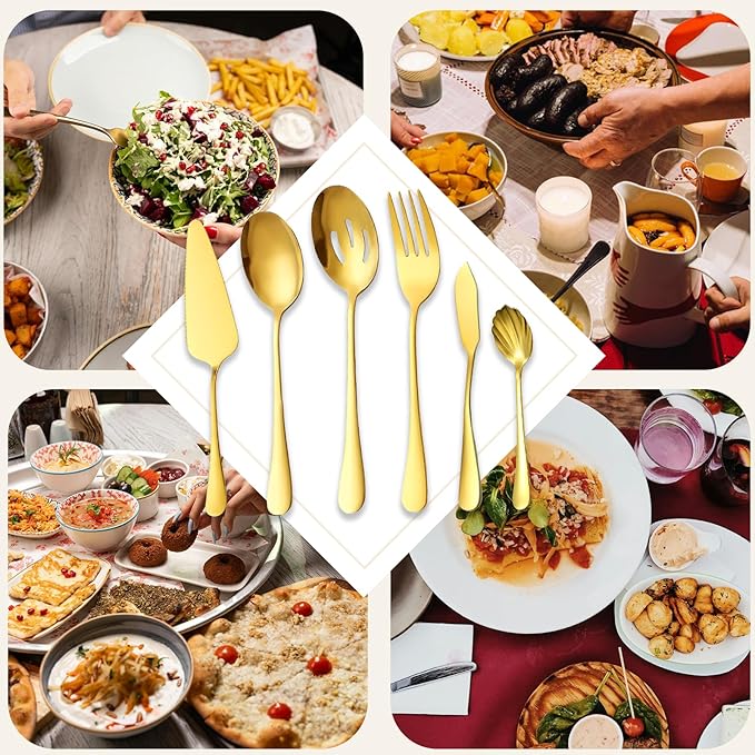 6Pcs Gold Serving Utensils Set Stainless Steel Kitchen Utensils Include Cake Server,Cold Meat Fork, Slotted Serving Spoon, Serving Spoon, Butter Knife Soup Ladle