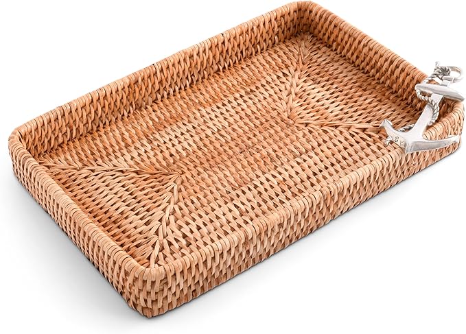 Vagabond House - Rattan Tray, Handmade Wicker Tray, Basket Tray, Coastal Nautical Design with Pewter Anchor, 12x9 Inches, Eco-Friendly, Hand Woven for Ocean Theme Home