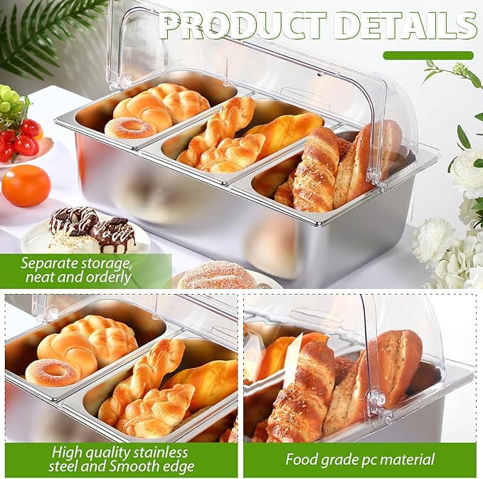 Countertop Food Serving Display Container and Clear Roll Top Cover Stainless Steel Food Serving Tray Buffet Condiment Dispenser Display Rack for Restaurant Hotel Kitchen Party (21 x 13 x 13'')