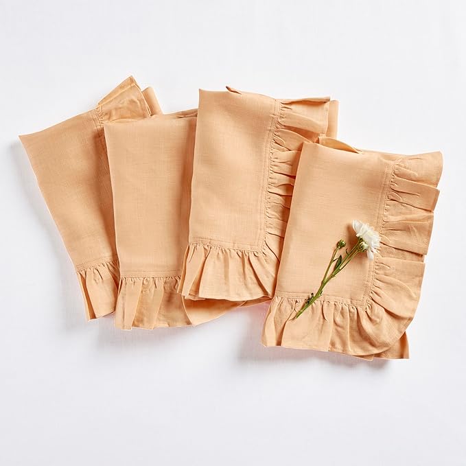 Solino Home Linen Ruffle Napkins Set of 4-100% Pure Linen Peach Dinner Napkins Cloth 20 x 20 Inch - Gabrielle Ruffle, Handcrafted and Machine Washable