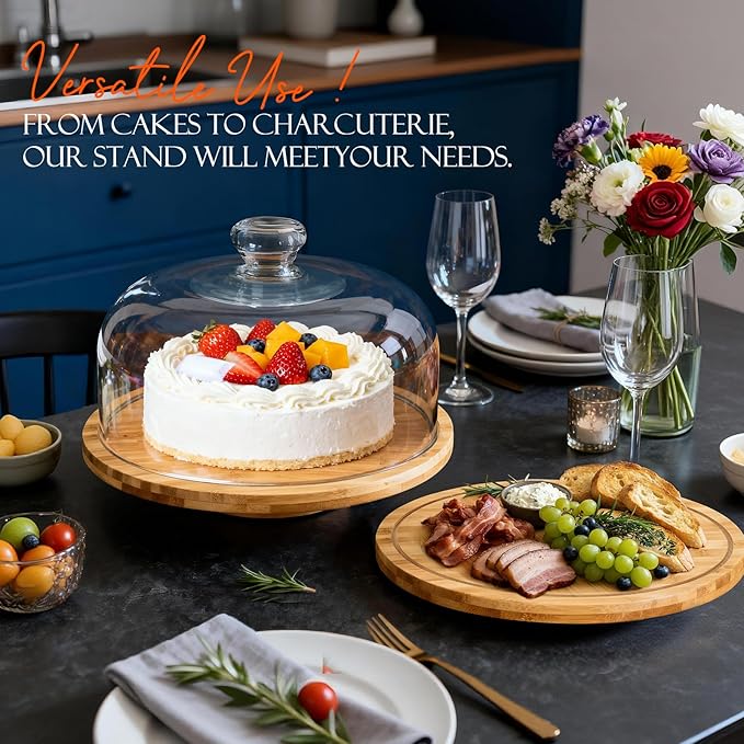 Masthome Bamboo Christmas Cake Stand with Lid, Rotating Cake Holder with Dome, Dessert Table Display Set with Clear Cover, BPA Free Cake Plate with Cover for Birthday/Kitchen/Party/Charcuterie