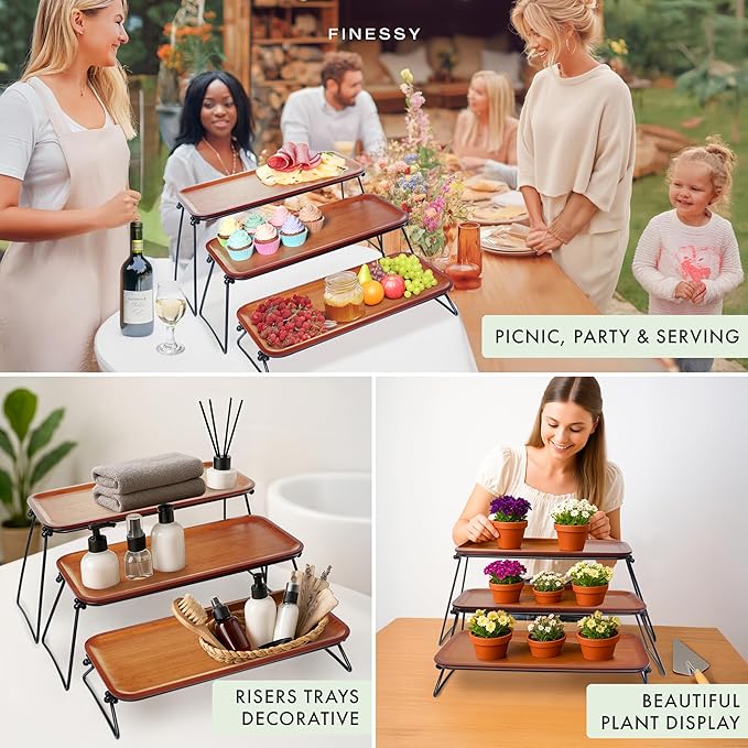 FINESSY 3 Tier Serving Tray, Dark Bamboo Tiered Tray Stand, Cake Stand & Cupcake Holder, Buffet Risers Serving Platters, Dessert Table Display Set, Charcuterie Board Set for Party Hosting Essentials