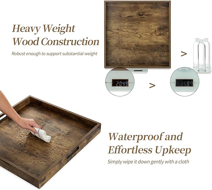 Hanobe Serving Tray for Ottoman Large: Rustic Brown Coffee Table Trays 20 Inch Square with Handles for Living Room - Farmhouse Extra Oversized Wood Decorative Topper for Kitchen Parties