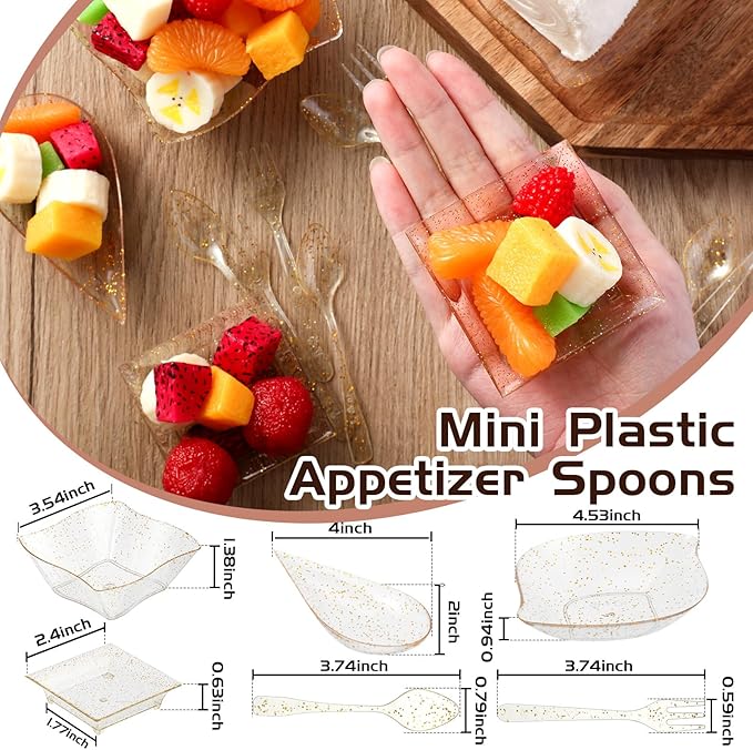 Tessco 200 Pcs Mini Appetizer Plates with Spoons Forks Disposable Mini Dessert Plates Plastic Appetizer Bowls Tiny Individual Serving Trays for Party(Gold Glitter,Classic)