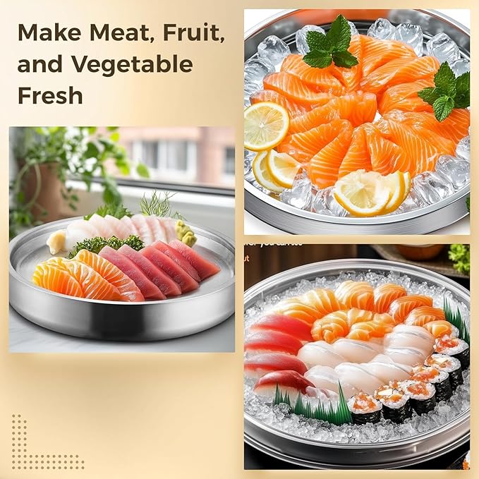Cold Serving Tray with Ice Chamber, 11.2 Inches, Stainless Steel Platter for Shrimp Cocktail, Fruit, and Party Buffets