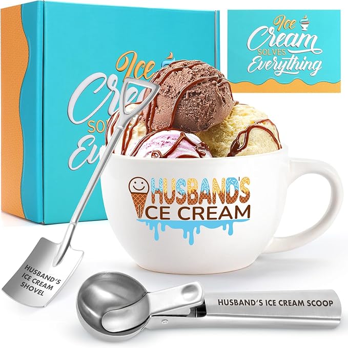 Christmas Gifts for Husband from Wife, Husband's Gifts for Valentine's Day,Anniversary,Birthday, Ice Cream Bowl and Scoop Set with Shovel – Funny Husband Present