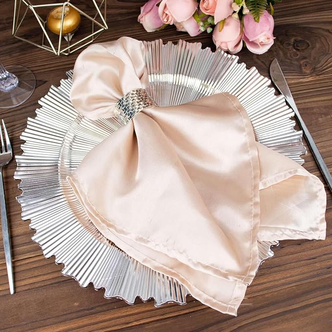 13" Charger Plates - Set of 24 - Metallic Silver with Sunray Scalloped Rim Plastic Chargers, Disposable Round Acrylic Serving Trays For Dinner Wedding Party Events