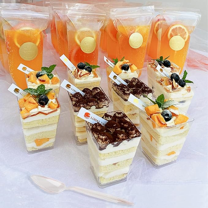 25Pack 5oz Plastic Dessert Cups with Lids and Spoons, Reusable Clear Parfait Appetizer Cups, Square Party Shooter Serving Cup, Mini Dessert Shot Glasses for Tasting
