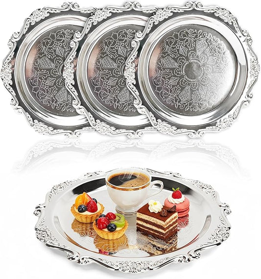 4 Pcs Silver Serving Trays - 7.9in Round Vintage Floral Engraved Metal Trays, Decorative Platters for Whiskey, Charcuterie, Cookies, Snacks & Party Food Display