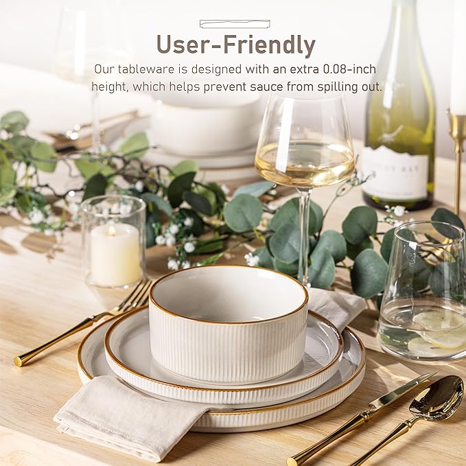 GBHOME 24-Piece Stoneware Dinnerware Set for 8 – Ribbed Ceramic Plates and Bowls, Scratch-Resistant, Microwave & Dishwasher Safe, Reactive Glaze, White with Honey-Brown Edge