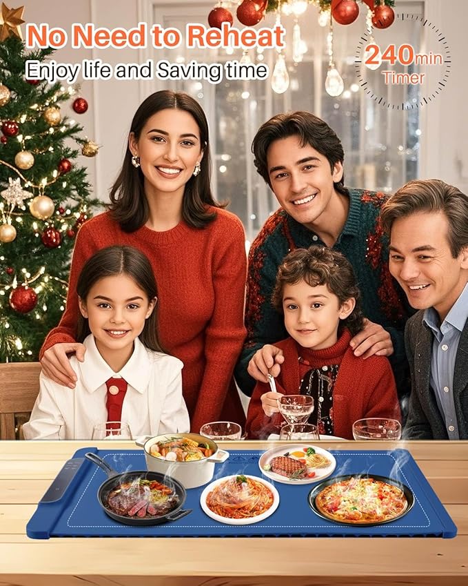 Food Warming Mat - Electric Warming Tray for Buffets Party and Home Daily Use,10H Timer, Child Lock, Auto Shut-Off Portable Silicone Heat Pad for Travel & Dining, Blue