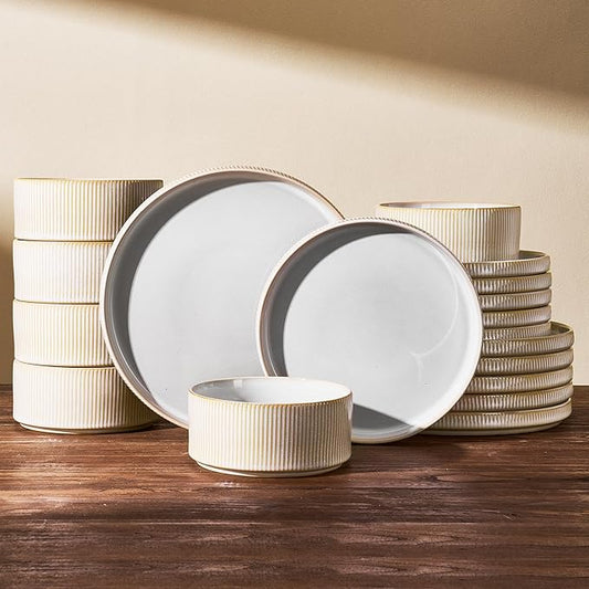 Stoneware Plates and Bowls Dishes Sets for 6 (18-Piece), Handcrafted Reactive Glaze Dinnerware Set with Raised Rim, Scratch Resistant, Microwave Dishwasher Safe, Cappuccino White