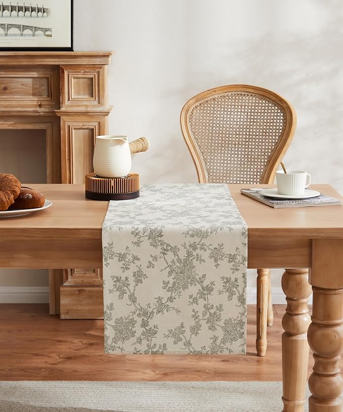 100% Cotton French Pastoral Table Runners, 13x108 Inch Green Farmhouse Table Runners 108 Inches Long, Vintage Flowers Print Home Decors
