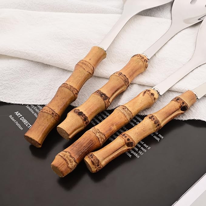 Natural Bamboo Handle Serving Utensils, Serving Spoon and Fork Set, Salad Servers Include 2 Large Serving Spoons and 1 Serving Fork, Stainless Steel Cutlery Set for Home/Party/Buffet, Silver