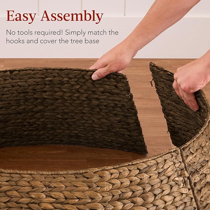 Best Choice Products 24in Christmas Tree Collar, Woven Hyacinth 3-Piece Holiday Rattan Tree Skirt Accessory for Home w/Cord Cut-Out - Chestnut