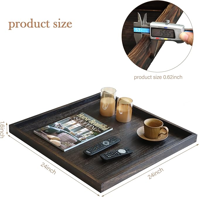 Rustic Wooden Serving Tray 24" Square - Extra Large Square Ottoman Table Tray for Farmhouse Decorative Oversized Coffee Table Trays Living Room Kitchen Counter Breakfast Brown