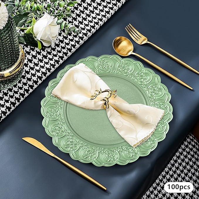 Green Plastic Charger Plates Set of 100,13” Reusable Party Chargers for Dinner Plates, Elegant Round Service Plate Chargers Bulk Decorative for Wedding, Catering Table Decor