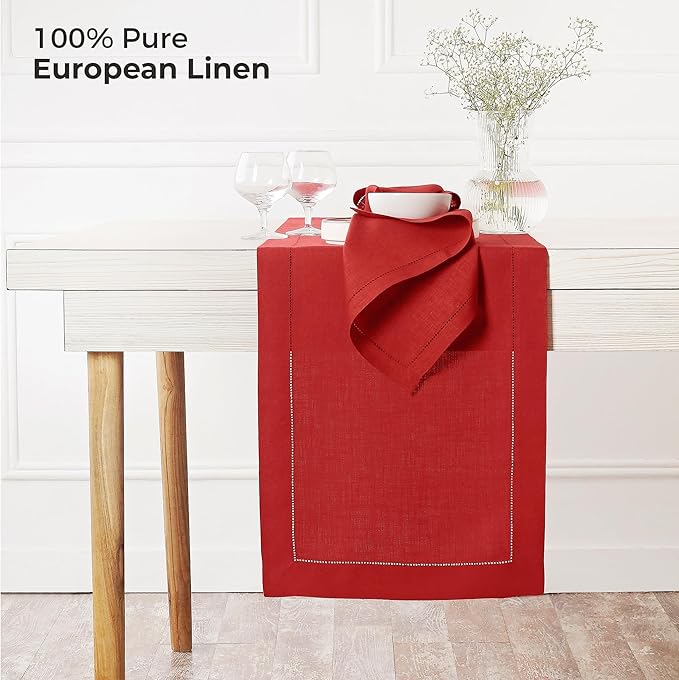 D'Moksha Homes Linen Bright Red Table Runner 120 Inches Long - 100% Pure Linen Hemstitch 14 x 120 Inch Table Runner for Dining, Winter, Christmas, Holiday, New Year - Classic Hemstitch